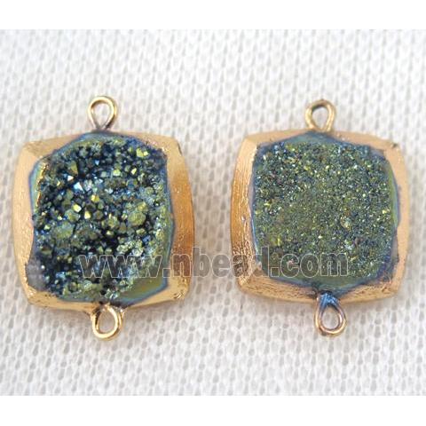 green druzy quartz connector, square, gold plated