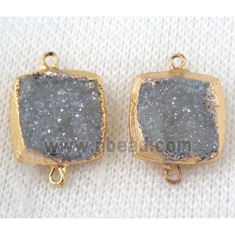 light blue-gray druzy quartz connector, square, gold plated