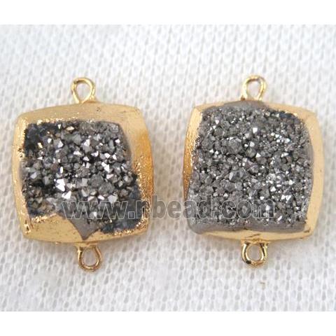 silver druzy quartz connector, square, gold plated