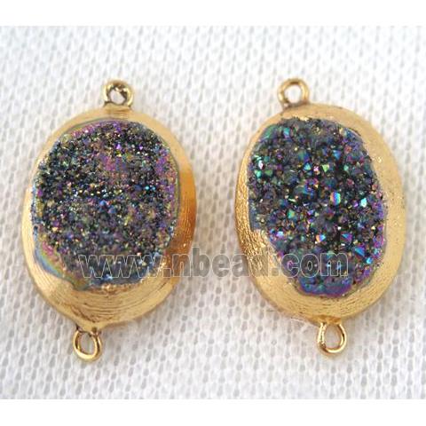 rainbow druzy quartz connector, oval, gold plated