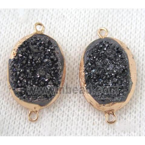 black druzy quartz connector, oval, gold plated