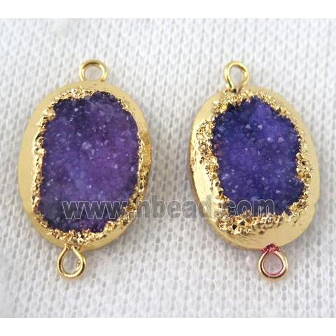 purple druzy quartz connector, oval, gold plated