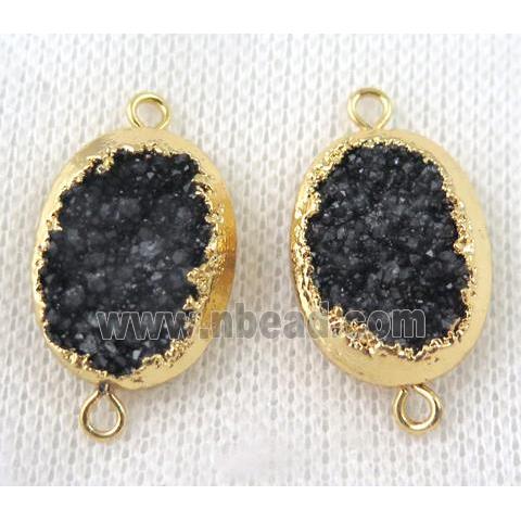 black druzy quartz connector, oval, gold plated