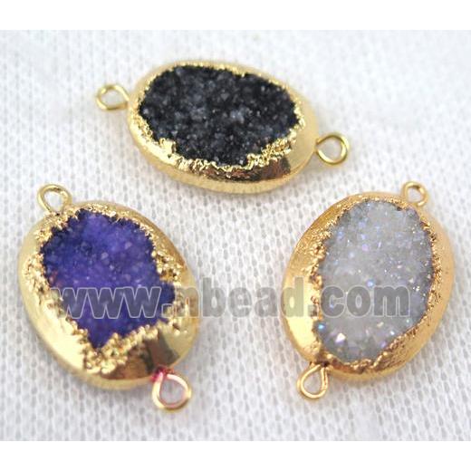 mixed druzy quartz connector, oval, gold plated