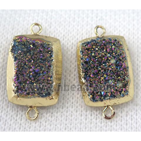 rainbow druzy quartz connector, rectangle, gold plated