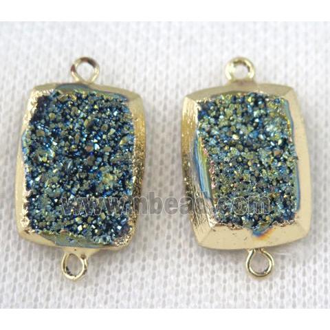 green druzy quartz connector, rectangle, gold plated