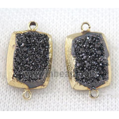 black druzy quartz connector, rectangle, gold plated