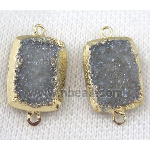 light blue-gray druzy quartz connector, rectangle, gold plated