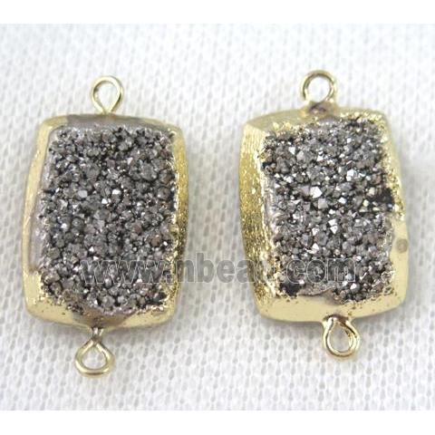 silver druzy quartz connector, rectangle, gold plated