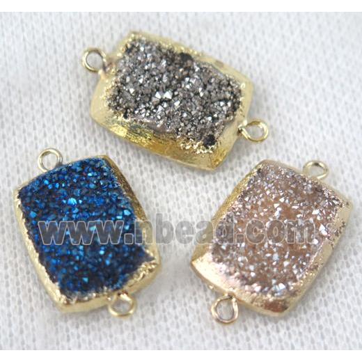 druzy quartz connector, mix color, rectangle, gold plated