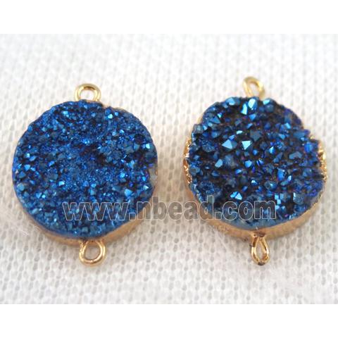 blue druzy quartz connector, flat round, gold plated