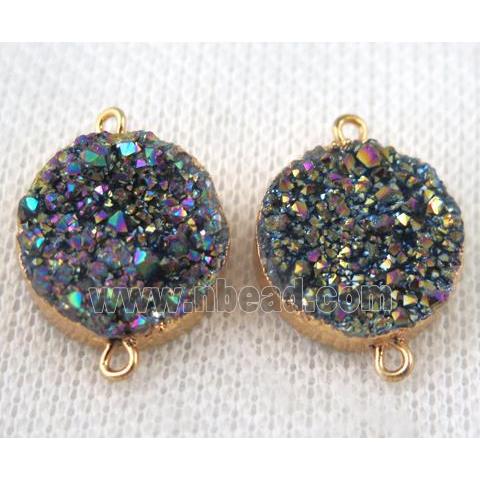 rainbow druzy quartz connector, flat round, gold plated