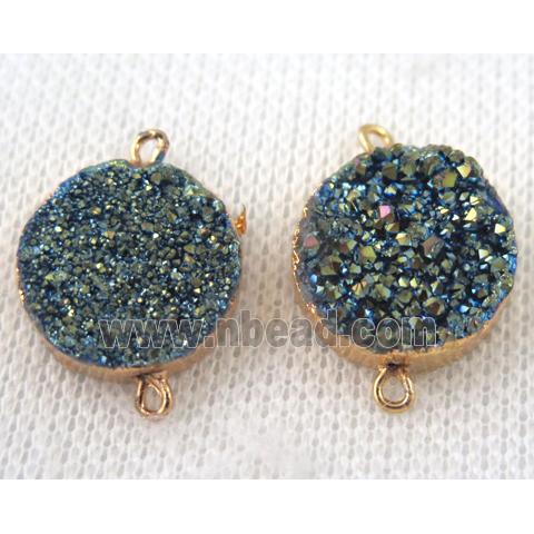 green druzy quartz connector, flat round, gold plated