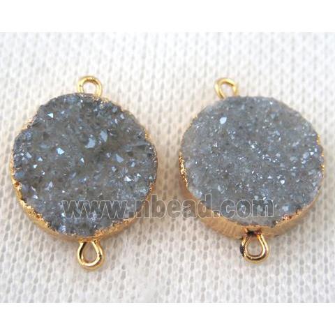 light blue-gray druzy quartz connector, flat round, gold plated