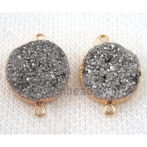 silver druzy quartz connector, flat round, gold plated