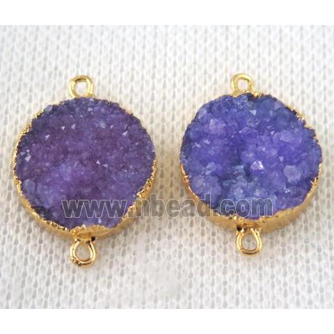 purple druzy quartz connector, flat round, gold plated