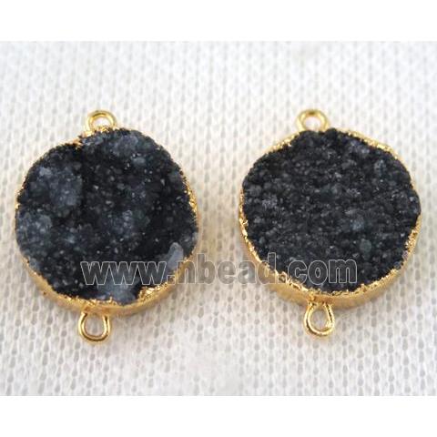 black druzy quartz connector, flat round, gold plated