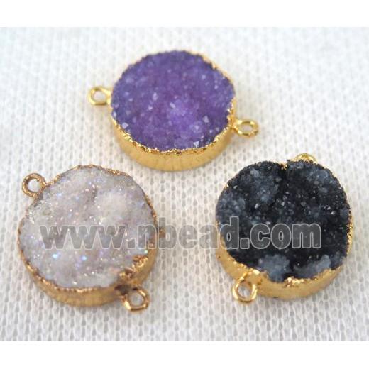 mixed druzy quartz connector, flat round, gold plated