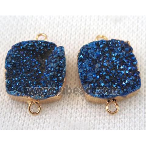 blue druzy quartz connector, square, gold plated