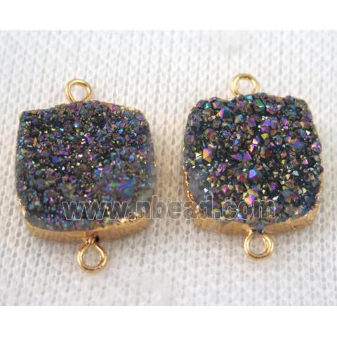 rainbow druzy quartz connector, square, gold plated