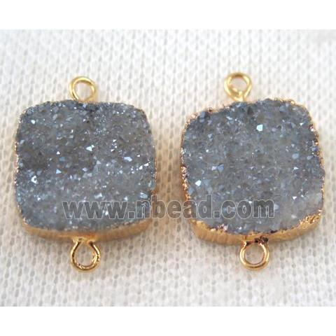 light blue-gray druzy quartz connector, square, gold plated