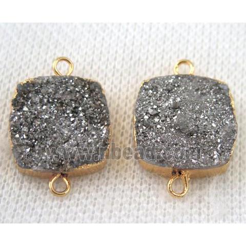 silver druzy quartz connector, square, gold plated