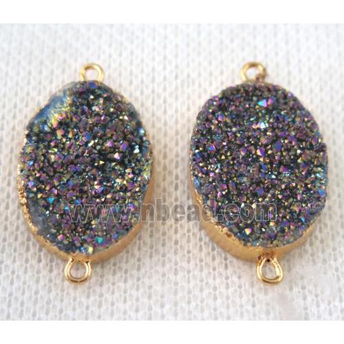 rainbow druzy quartz connector, oval, gold plated