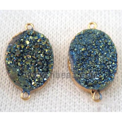 green druzy quartz connector, oval, gold plated