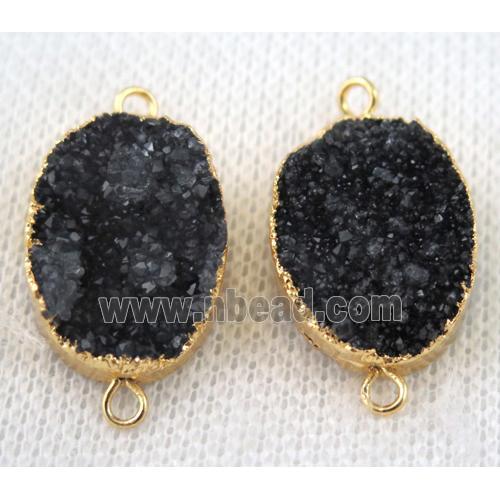 black druzy quartz connector, oval, gold plated