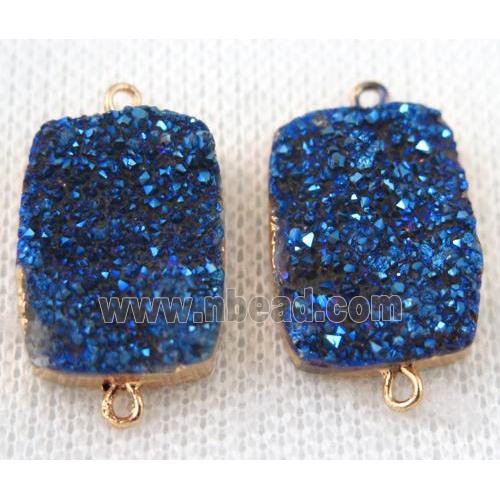 blue druzy quartz connector, rectangle, gold plated