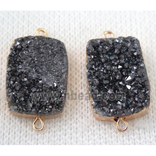 black druzy quartz connector, rectangle, gold plated