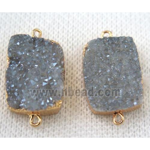 light blue-gray druzy quartz connector, rectangle, gold plated