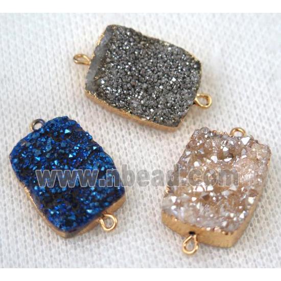 druzy quartz connector, mixed color, rectangle, gold plated