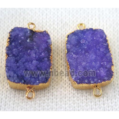 purple druzy quartz connector, rectangle, gold plated