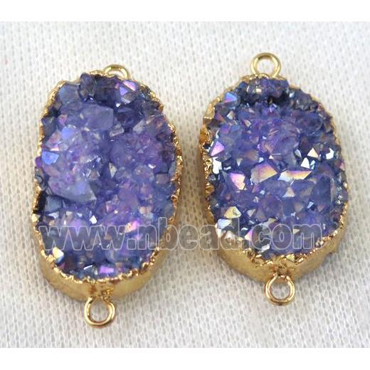 purple druzy quartz connector, AB color, freeform, gold plated