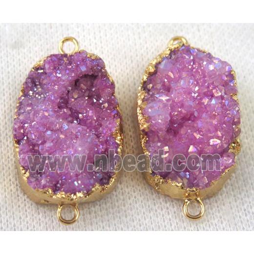 hotpink druzy quartz connector, AB color, freeform, gold plated