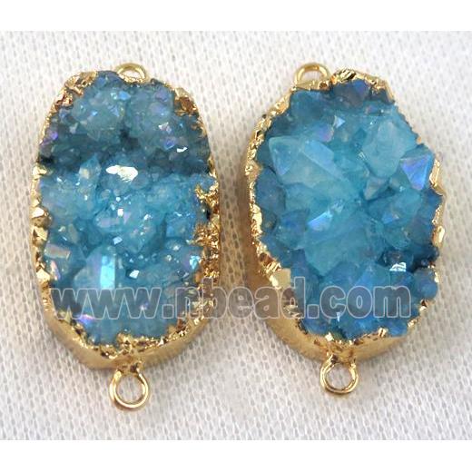 blue druzy quartz connector, AB color, freeform, gold plated