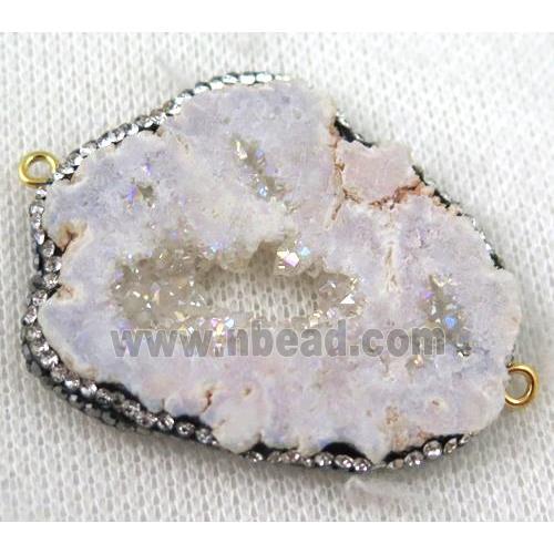 Druzy Agate slice connector paved rhinestone, freeform, white AB-color