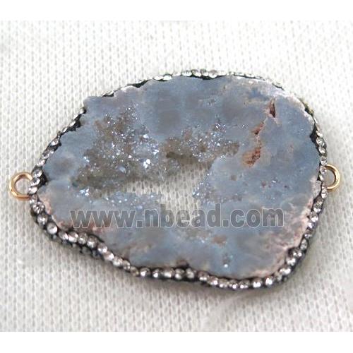 Agate Druzy slab connector paved rhinestone, freeform, blue-gray plated