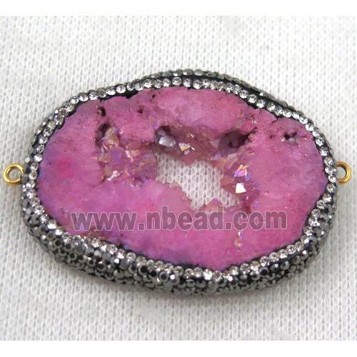 druzy agate slice connector paved rhinestone, freeform, hotpink AB-color