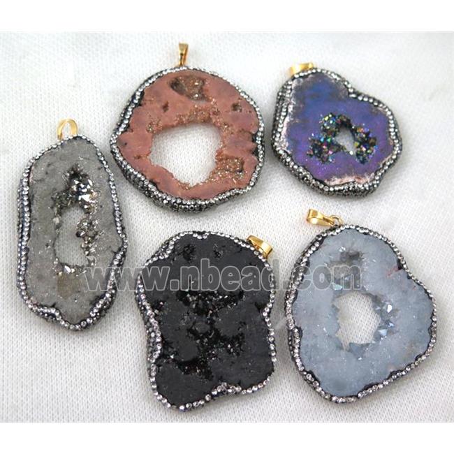 druzy agate slice pendant paved rhinestone, mix color, freeform