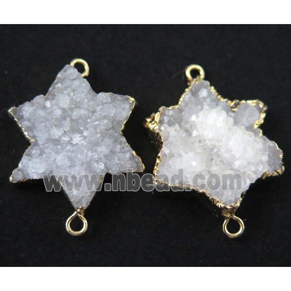 white druzy quartz connector, star, gold plated