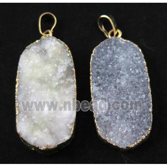 white druzy quartz pendant, oval, gold plated