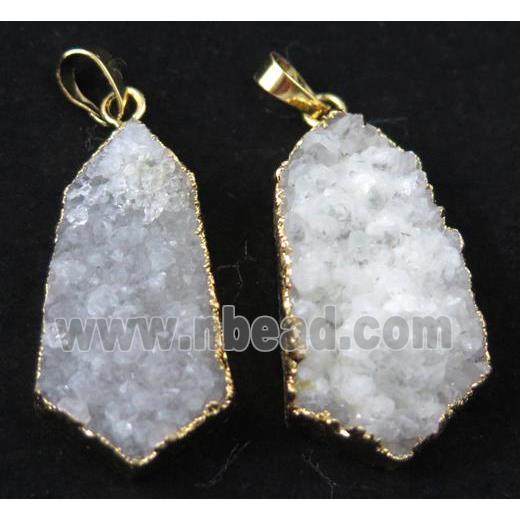 white druzy quartz pendant, gold plated