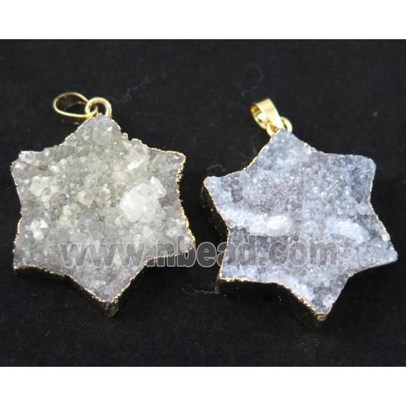 white druzy quartz pendant, star, gold plated