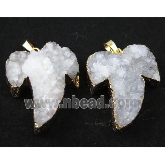 white druzy quartz pendant, shark-tooth shaped, gold plated