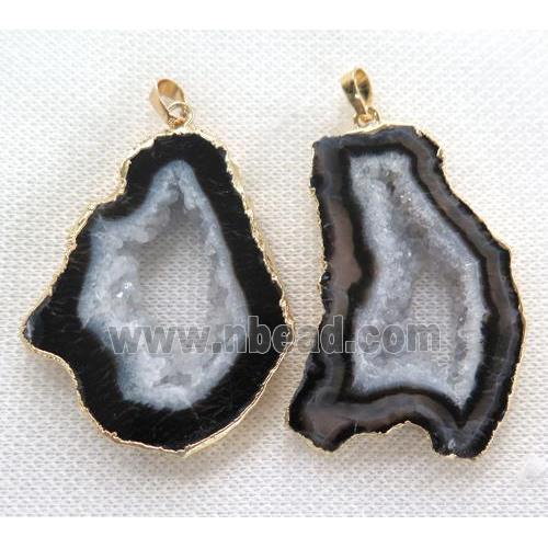 Black Agate Druzy Slice Pendant Freeform Gold Plated