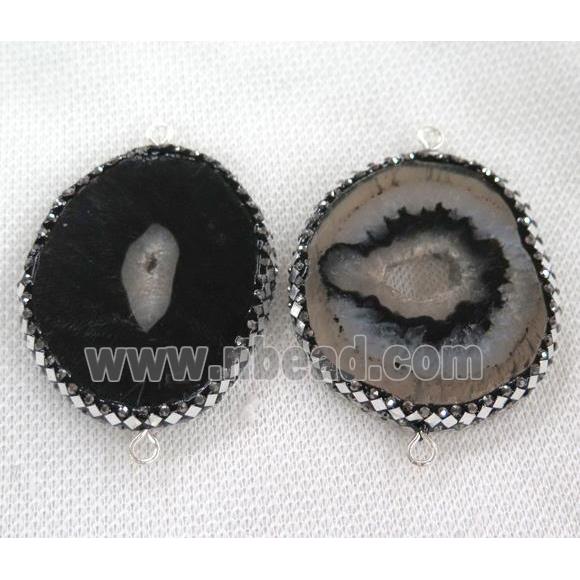 black agate druzy connector paved silver foil, freeform