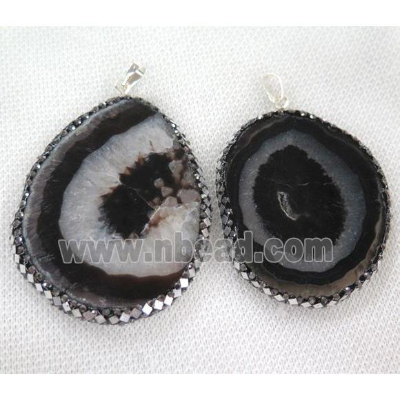 black agate druzy pendant paved silver foil, freeform