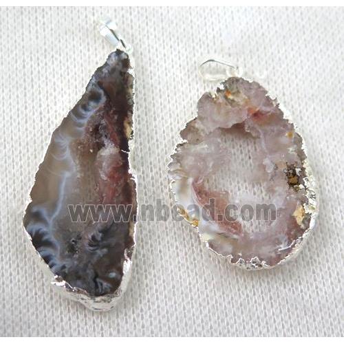 druzy Agate slice pendant, freeform, sliver plated